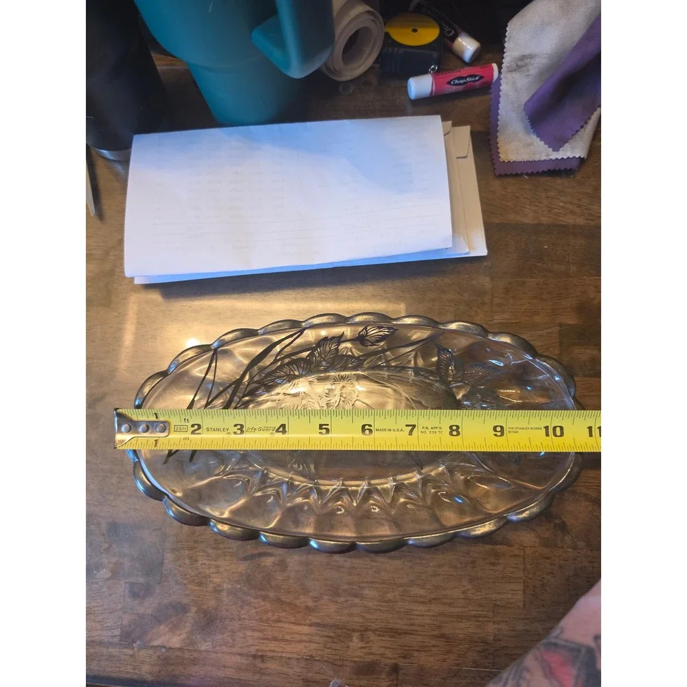 Vintage Silver Overlay Glass Oval Bowl Scalloped Floral Butterfly Serving Dish
